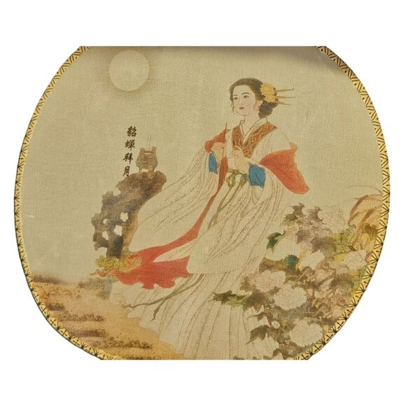 Vintage Fan Silk Hand-Painted Japanese Round Bamboo Handle & Moonlit Lady Design - Picture 1 of 8